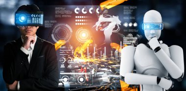 Mekanize endüstri robotu ve insan işçileri gelecekteki fabrikada birlikte çalışıyorlar.