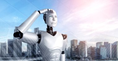 3D illüstrasyon robotu insansı şehir siluetine karşı dört gözle bekliyor