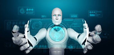 Büyük veri kavramını gösteren sanal hologram ekran tutan yapay zeka robotu