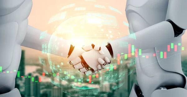 3D rendering humanoid robot handshake with stock market trading chart