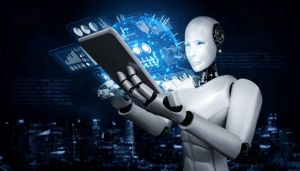 Robot humanoid med hjälp av surfplatta för big data analytics — Stockfoto