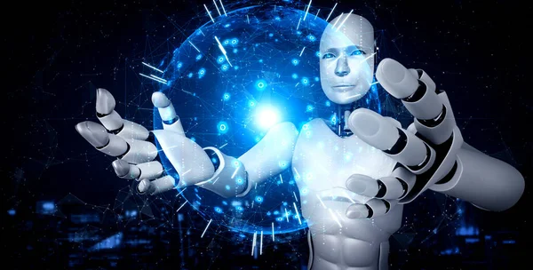 Το ρομπότ AI humanoid που κρατά την οθόνη ολογράμματος δείχνει την έννοια της παγκόσμιας επικοινωνίας — Φωτογραφία Αρχείου