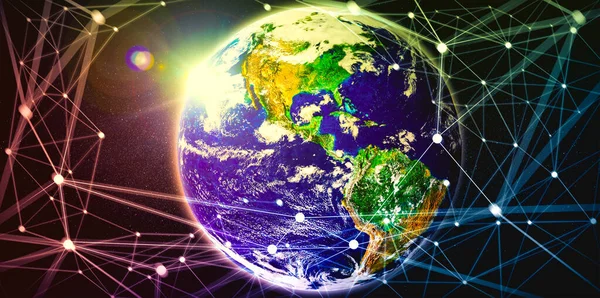 Global network connection covering the earth with lines of innovative perception