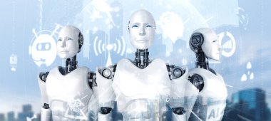 İnsansı yapay zeka robot sanal ekrana bakıyor ve iletişim konseptini gösteriyor.