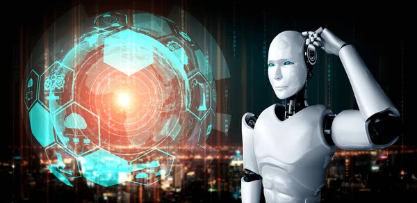 Thinking AI humanoid robot analyzing hologram screen shows concept of network — Stock Photo, Image