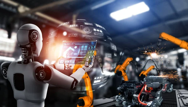 Mechanizovaná průmyslová robotická a robotická ramena pro montáž ve výrobě . — Stock fotografie
