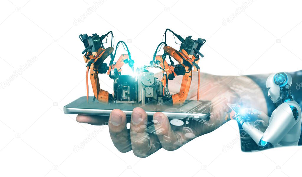 Mechanized industry robot arm and factory worker double exposure