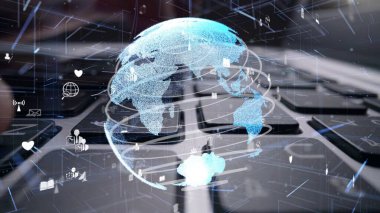 İnternet ağı grafikli bilgisayar klavyesi üzerinde çalışan adam