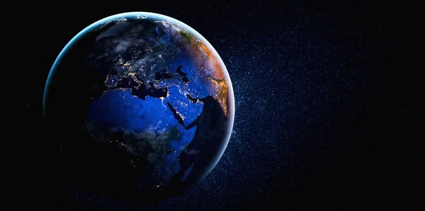 从空间看地球，显示现实的地球表面和世界地图 — 图库照片