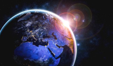 Dünya gezegeninin uzaydan görünüşü gerçekçi dünya yüzeyini ve dünya haritasını gösteriyor