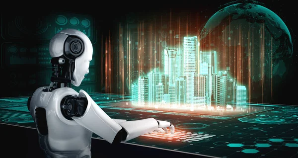 Robot humanoid använda laptop och sitta vid bordet för global nätverksanslutning — Stockfoto