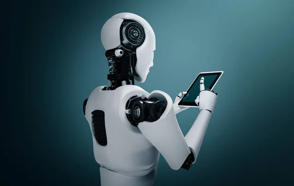 Robot humanoid za pomocą tabletu w przyszłym biurze — Zdjęcie stockowe