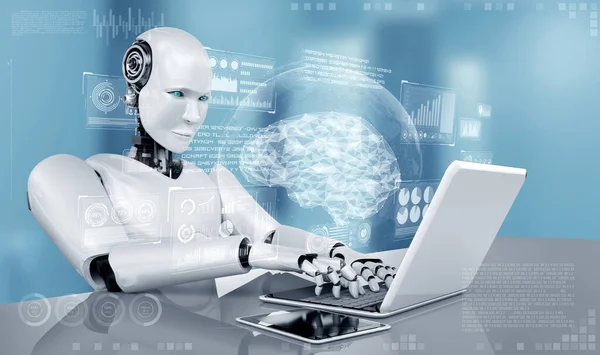 Robot humanoid használata laptop és üljön asztalhoz koncepció AI gondolkodás agy — Stock Fotó