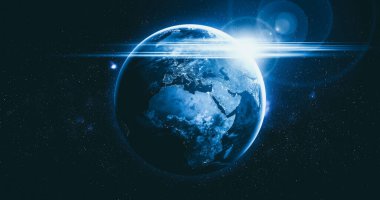 Dünya gezegeninin uzaydan görünüşü gerçekçi dünya yüzeyini ve dünya haritasını gösteriyor