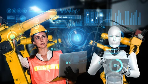 Robô da indústria mecanizada e trabalhador humano trabalhando juntos na fábrica futura — Fotografia de Stock