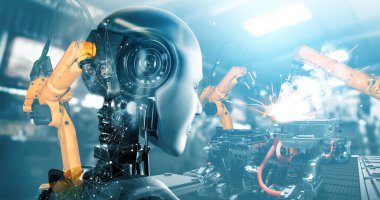 Mekanize endüstri robotu ve robotik silahlar çift pozlama görüntüsü .