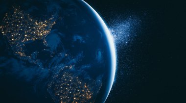 Dünya gezegeninin uzaydan görünüşü gerçekçi dünya yüzeyini ve dünya haritasını gösteriyor