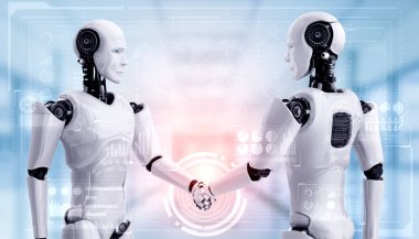 Gelecekteki teknolojiyle işbirliği yapmak için insansı robot tokalaşması