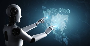 Sanal ekrana dokunan yapay zeka robotu küresel iletişim kavramını gösteriyor