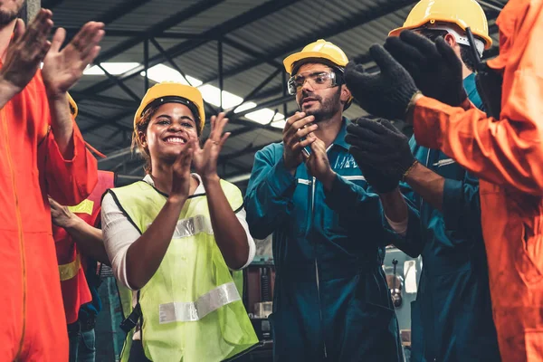 Skillful worker celebrate success in the factory . — Stock Photo, Image