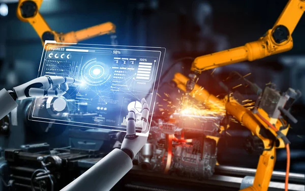 Robô da indústria mecanizada e braços robóticos para montagem na produção de fábrica . — Fotografia de Stock
