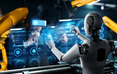 Mekanize endüstri robotu ve insan işçileri gelecekteki fabrikada birlikte çalışıyorlar.
