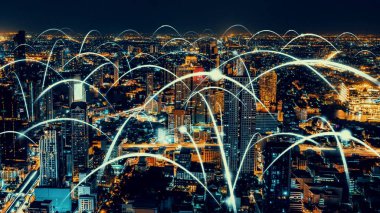 Bağlantı ağını gösteren, küreselleşme soyut grafiğine sahip akıllı dijital şehir