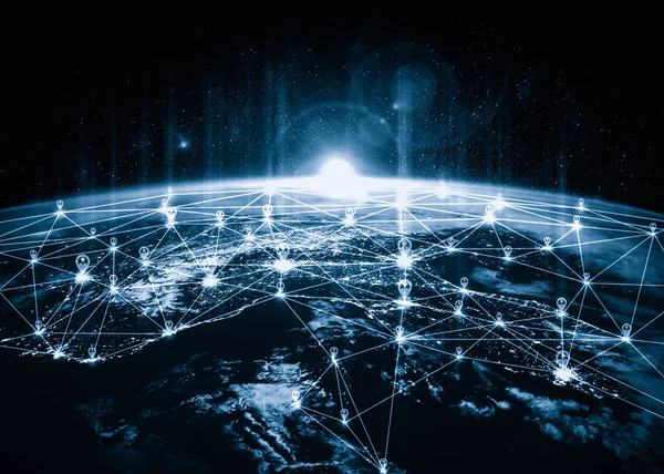 Global network connection covering the earth with lines of innovative perception