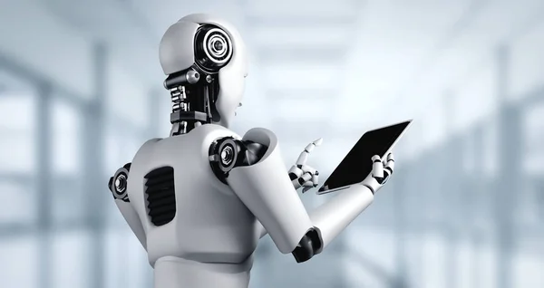 Robot humanoid za pomocą tabletu w przyszłym biurze — Zdjęcie stockowe