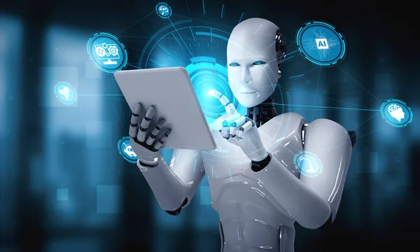 Robot humanoïde utilisant un ordinateur tablette dans le concept de cerveau de pensée IA — Photo