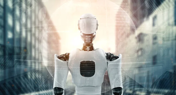 3D illustrazione robot umanoide in attesa contro skyline paesaggio urbano — Foto Stock