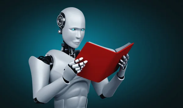3D illustration of robot humanoid reading book