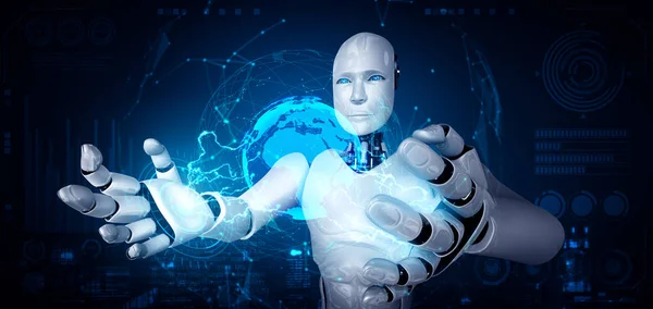 Al humanoid robot gospodarstwa hologram ekran pokazuje koncepcję globalnej komunikacji — Zdjęcie stockowe