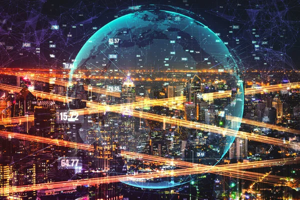 Slimme stadstechnologie met futuristische grafische weergave van digitale gegevensoverdracht — Stockfoto