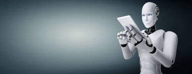 Robot insanımsı gelecekteki ofiste cep telefonu veya tablet kullan