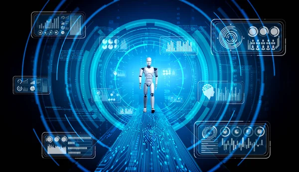 3D απόδοση ρομπότ ανθρωποειδές ανάλυση μεγάλα δεδομένα χρησιμοποιώντας τη σκέψη AI — Φωτογραφία Αρχείου