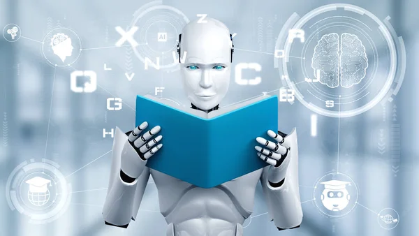 3D illustration of robot humanoid reading book