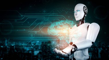 Yapay zeka robotu sanal sanal sanal ekran tutarak yapay zeka beyni kavramını gösteriyor