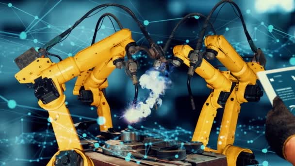 Modernizacja broni robotów inteligentnego przemysłu dla innowacyjnych technologii fabrycznych — Wideo stockowe