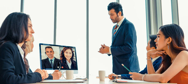 Video call group business people meeting on virtual workplace or remote office