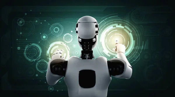 AI humanoïde robot aanraken van virtuele hologram scherm toont concept van big data — Stockfoto
