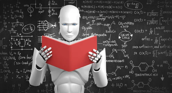 로봇 휴머노이드 의 3 차원 삽화읽기 책을 읽고 수학을 푸는 모습 — 스톡 사진