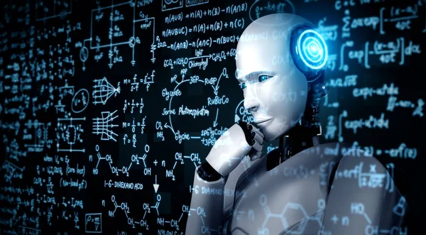 Gondolkodó AI humanoid robot elemzése képernyő matematika képlet és a tudomány — Stock Fotó