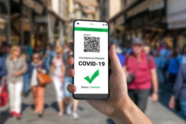 Gezgin COVID 19 aşı durumunu göstermek için aşı pasaport sertifikasına sahip.