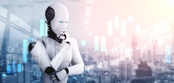Thinking AI humanoid robot analyzing stock market exchange trading