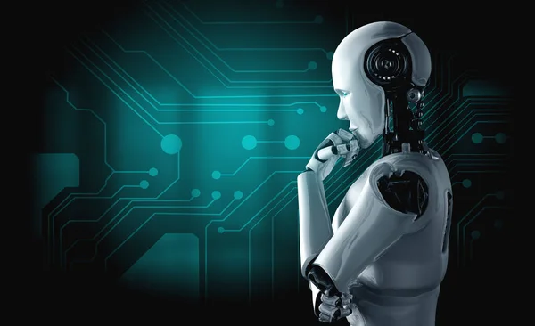 Thinking AI humanoid robot analyzing information data
