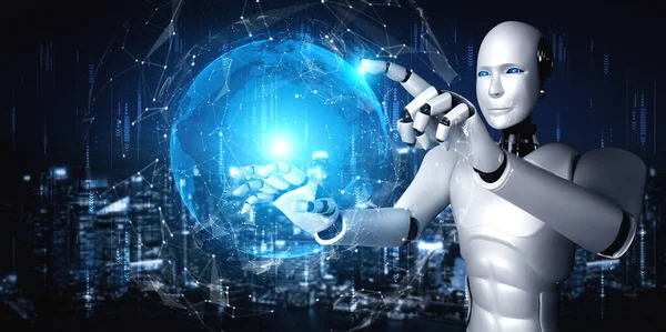 Το ανθρωποειδές ρομπότ AI που αγγίζει την οθόνη του ολογράμματος δείχνει την έννοια της παγκόσμιας επικοινωνίας — Φωτογραφία Αρχείου