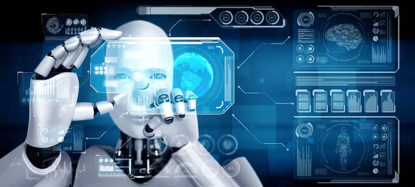 Robot humanoid hold HUD hologram screen in concept of AI thinking brain