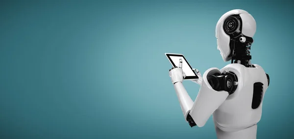 Robot humanoïde à l'aide d'un ordinateur tablette dans le futur bureau — Photo