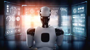 Yapay zeka robotunun hologram ekranını analiz ederek büyük veriler gösterdiğini düşünüyorum.